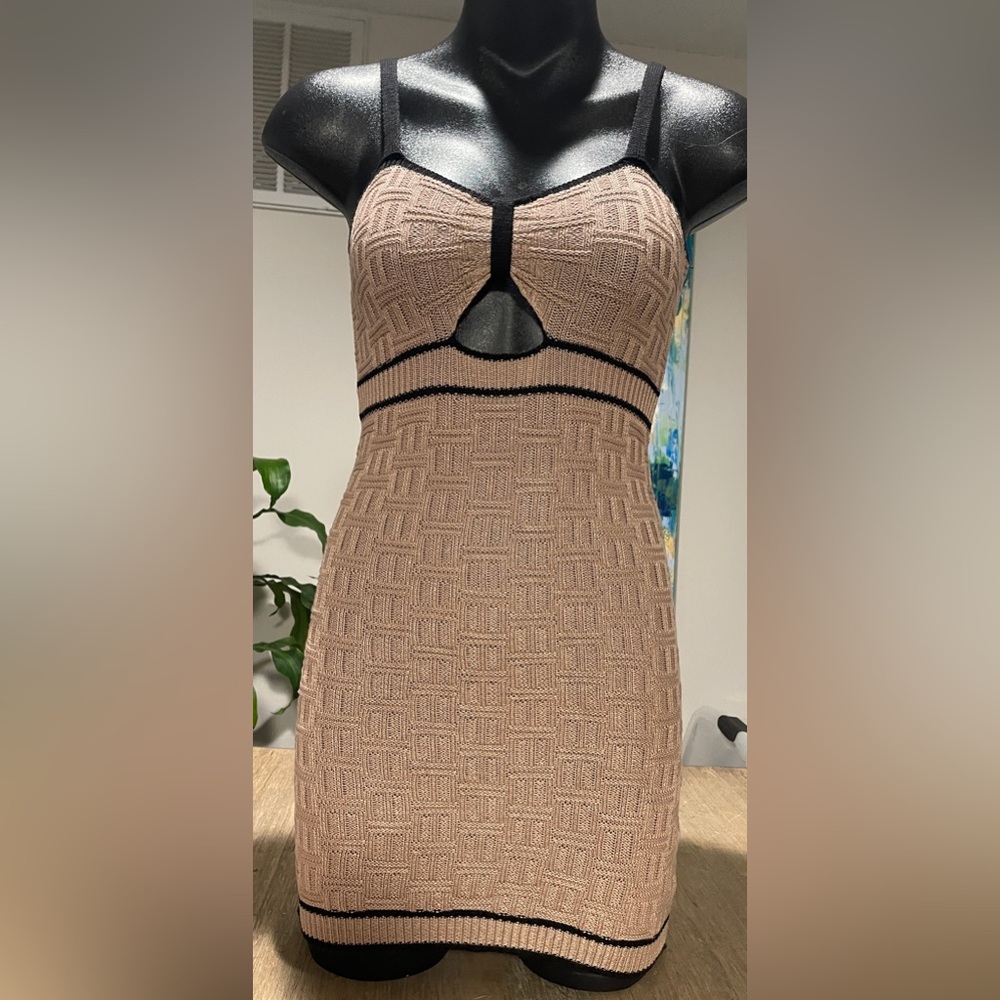 Elegant Tan Fitted Knit Dress, Size Small